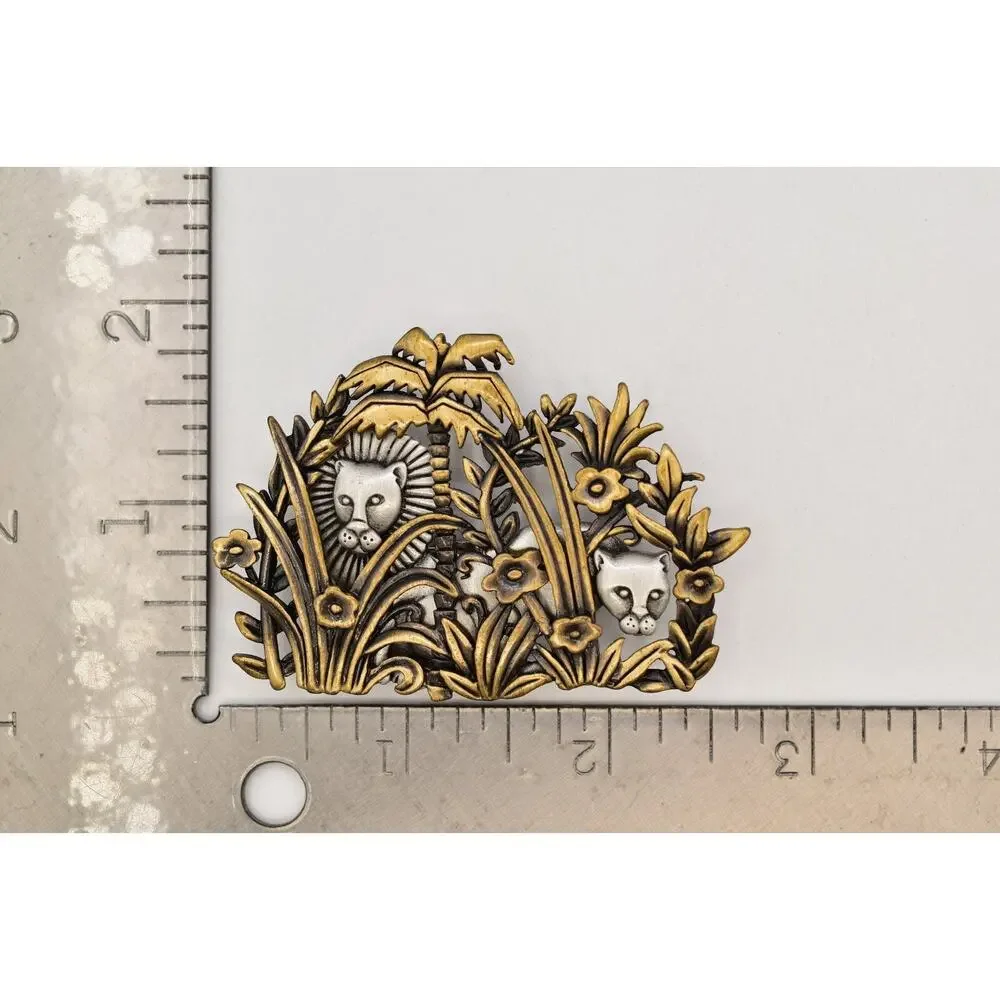 JJ Vintage Jungle Lion Pin Brooch Chunky Pewter Brass Chunky Rare Signed 80s 9B